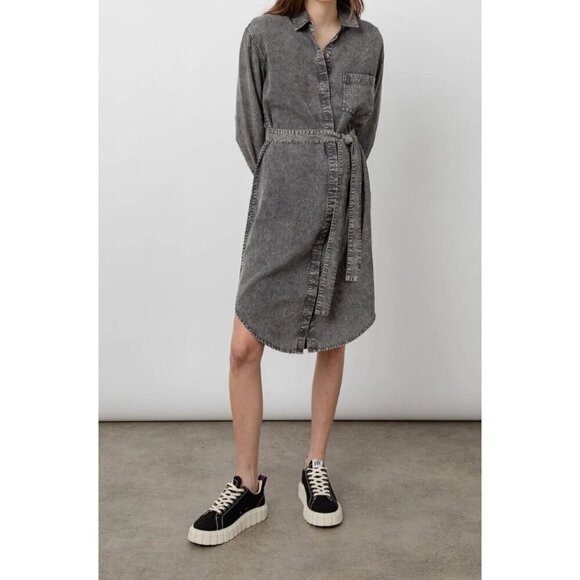 Rails Ames Black Acid Wash Shirt Dress Long Sleeve Knee Length Tie Linen XS - Picture 1 of 16